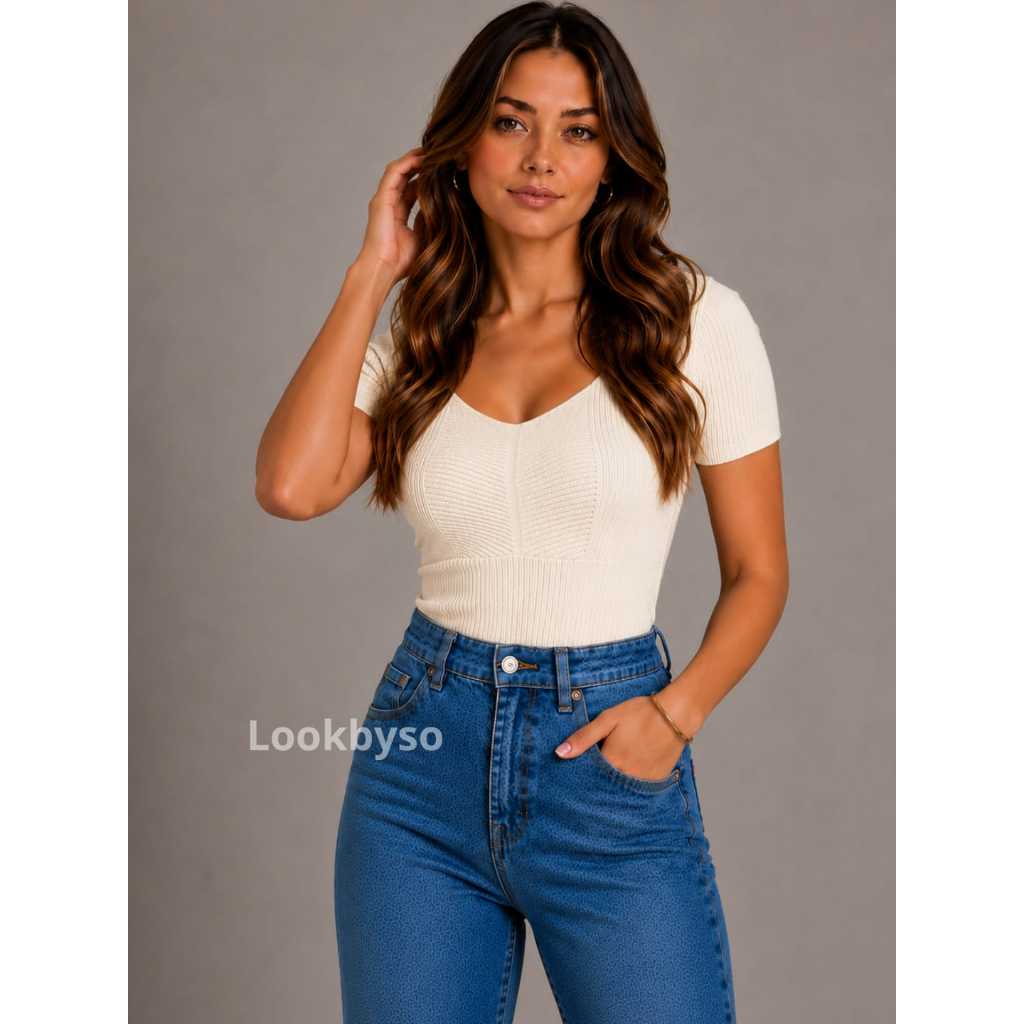 Blusa Feminina Canelada Básica Manga Curta Decote Quadrado Recortes Tecido Premium Casual Elegante