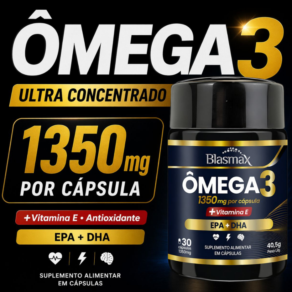 Ômega 3 1350mg Alta Concentração EPA DHA Vitamina E 30 Cápsulas Óleo de Peixe Original - Blasmax