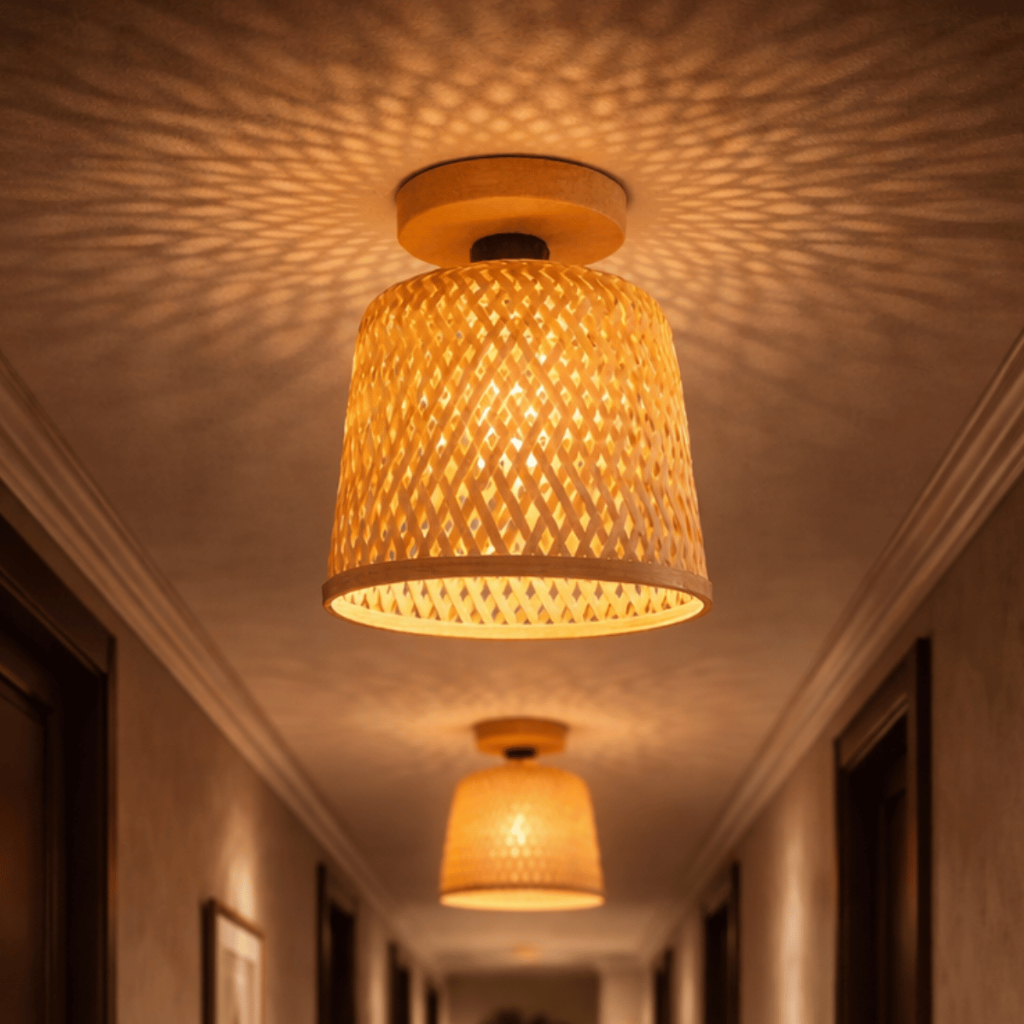 Luminária Teto Bambu Plafon Rústico Fibra Natural Design Premium Iluminação Quente Bivolt