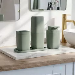 Kit Acessórios para Banheiro 3 Peças Verde Fosco Porta Escova Dispenser Sabonete Líquido com Bandeja Organizador Moderno