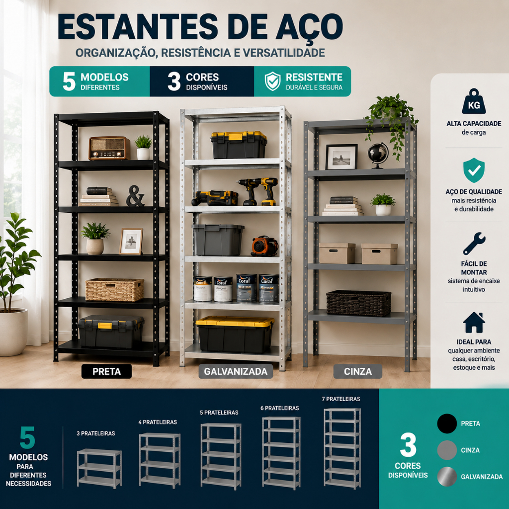 Estante Prateleira Aço Reforçada Livros Multiuso Organização Preta