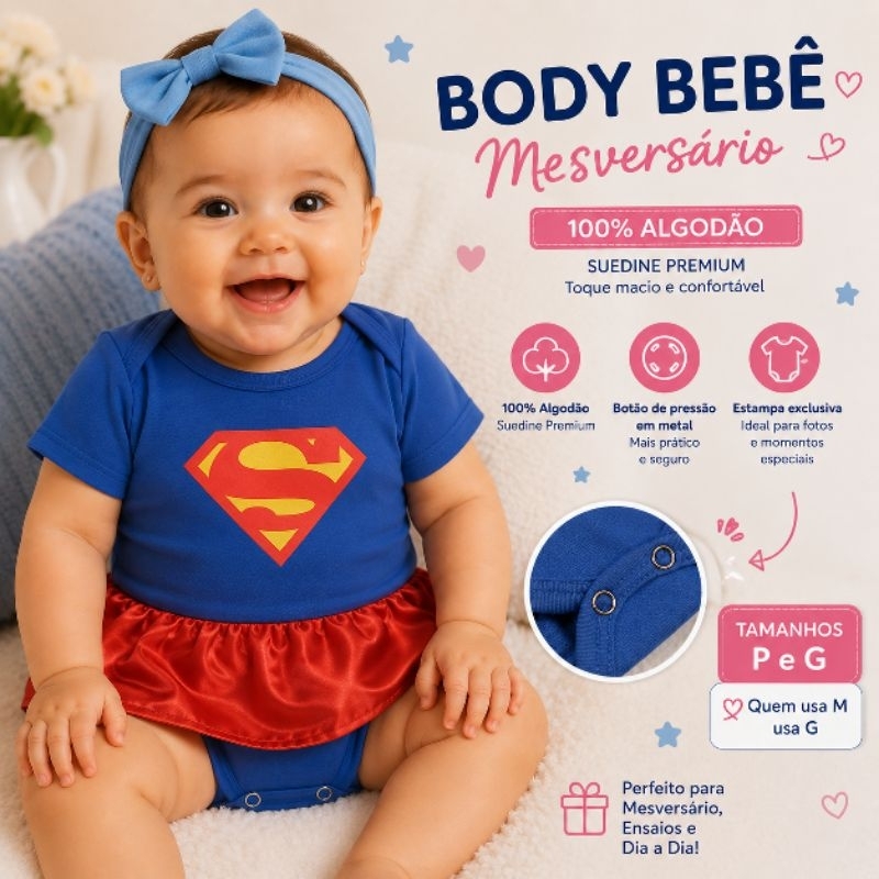 Body Bebê Super Girl Mesversário Heroína Suedine P/G