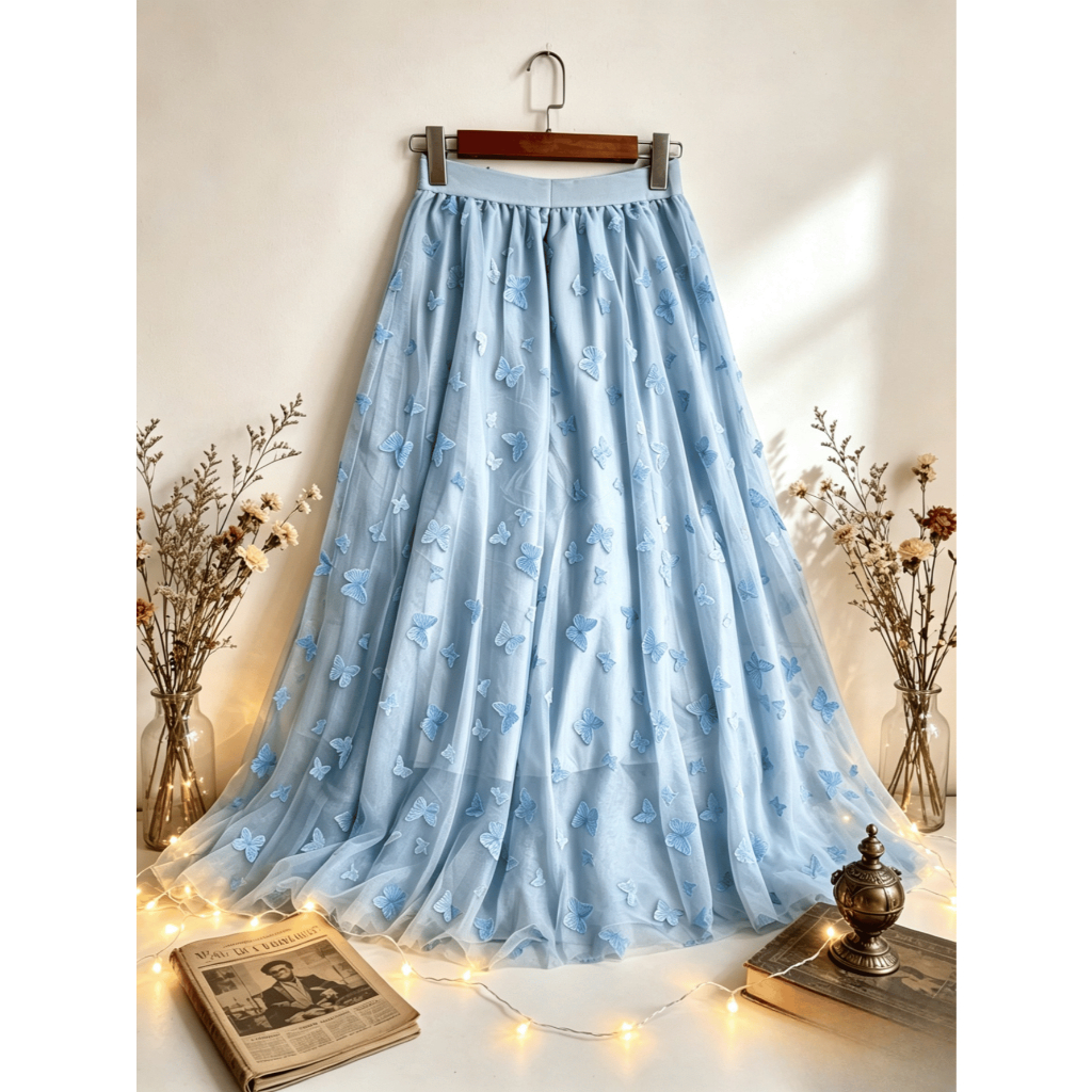 Saia midi de tule com bordado de borboletas 3D, saia fluida estilo fada, saia midi modeladora ideal para encontros e fér