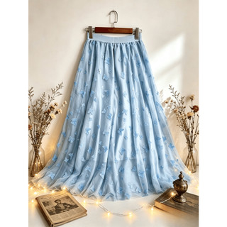 Saia midi de tule com bordado de borboletas 3D, saia fluida estilo fada, saia midi modeladora ideal para encontros e fér