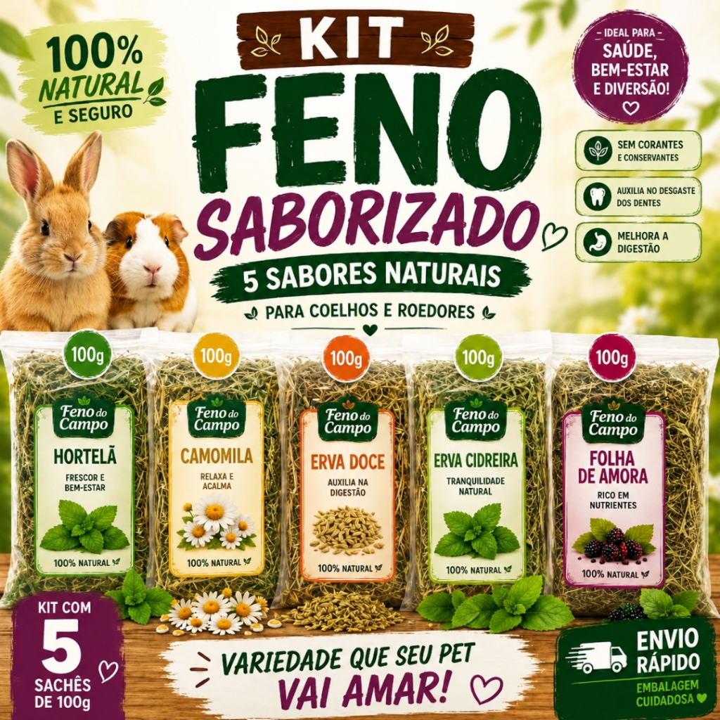 Kit Feno Saborizado Premium 500g 5 Sabores Naturais P/ Coelho Hamster Porquinho da Índia Chinchila