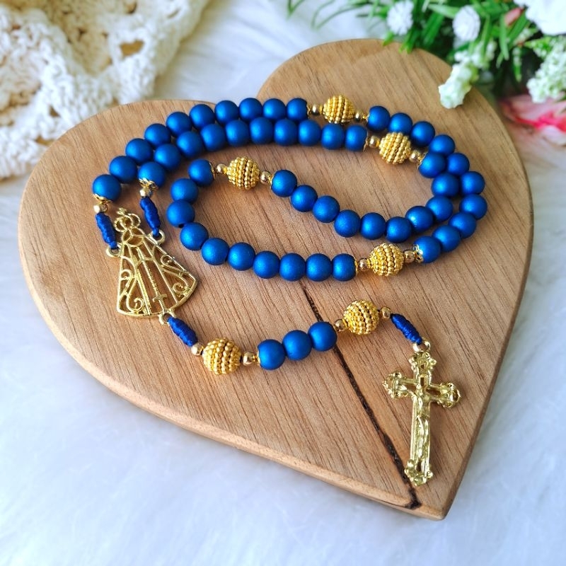 Terço com Pérolas Cores – Entremeio de Nossa Senhora Aparecida Católico Rosa Azul Dourado