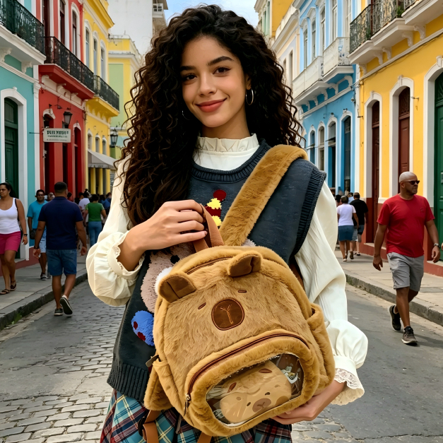 Mochila Capivara em Pelúcia Acolchoada Design Requintado Leve e Funcional Ideal para Rotina Lazer e Presentes