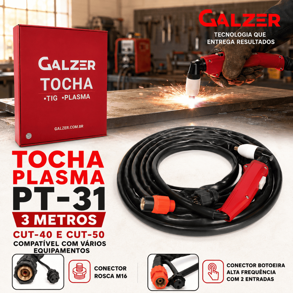 Tocha Maquina Corte Plasma Pt-31 Cabo5 Metros Maquina Cut Plasma Consumíveis + Escova Compatível CUT-40, CUT-50 e CUT-60