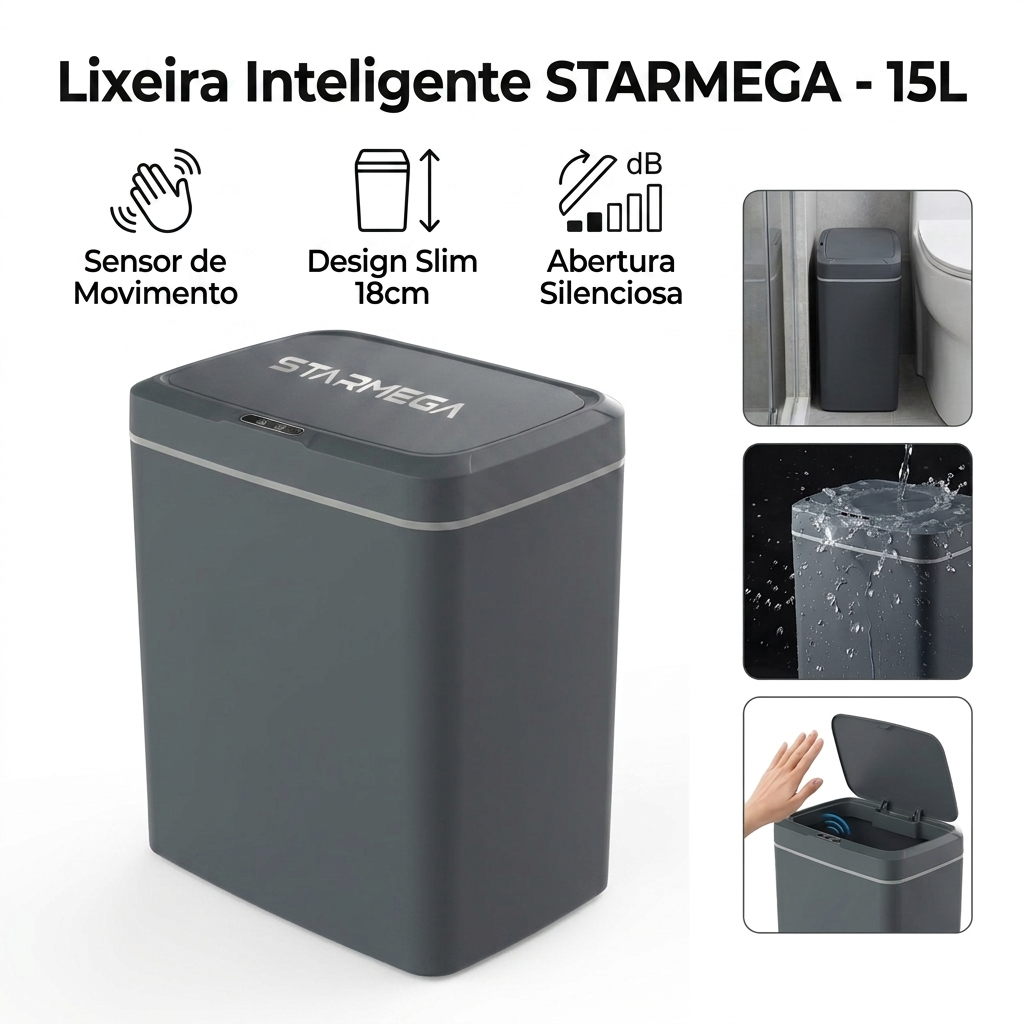 Lixeira Automática 15L Para Banheiro Inteligente Com Sensor Automático Cozinha E Escritório Quarto