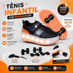 Tênis Infantil Menino Com Rodinha Removível Led Luzinha Divertido Preto E Laranja