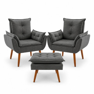 02 Poltronas e Puff Suede Cinza Pés Palito Castanho Decoração de Sala Luxo Várias Cores