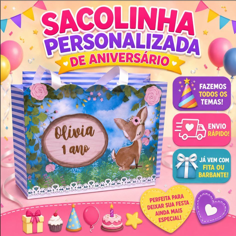 Sacolinha Personalizada  Aniversário Infantil Mimos e Lembrancinhas para Festa - QUALQUER TEMA - 15cm x 17,5 largura