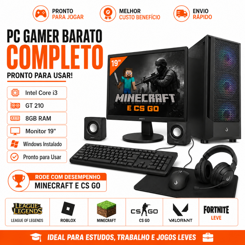 PC Gamer Barato Completo i3 GT 210 SSD+HD Roblox Minecraft Monitor 19 Windows