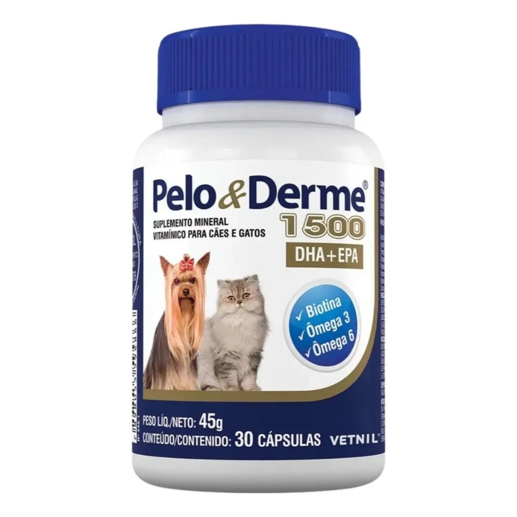 Pelo e Derme 1500mg 30 Cápsulas Vetnil Suplemento Pele Pelo Cão Gato Ômega Biotina
