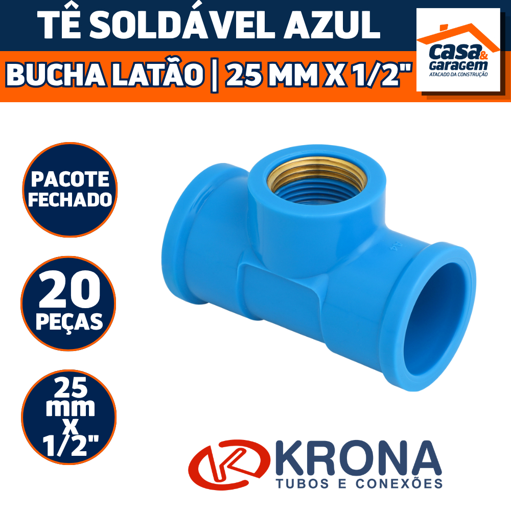 Kit Com 20 Te Soldável Azul Bucha Latão 25mm X 1/2" 506 Krona