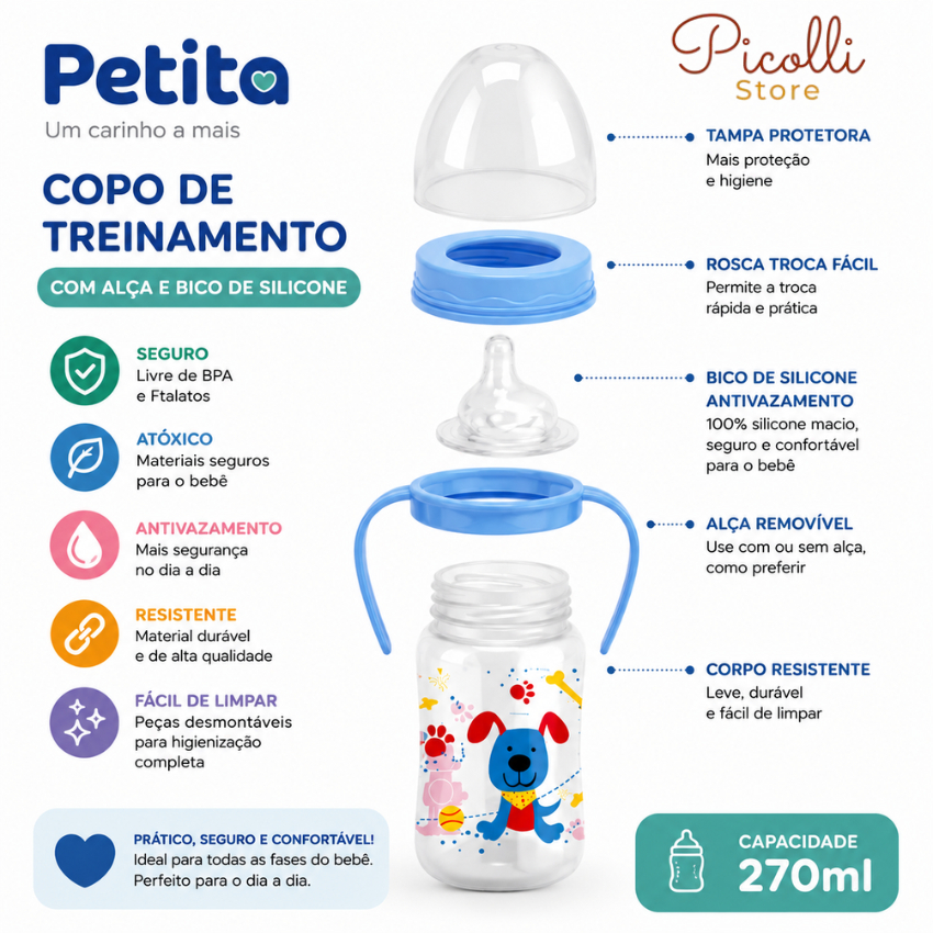 Copo Infantil 270ml Bico macio 100% Silicone Antivazamento  menino