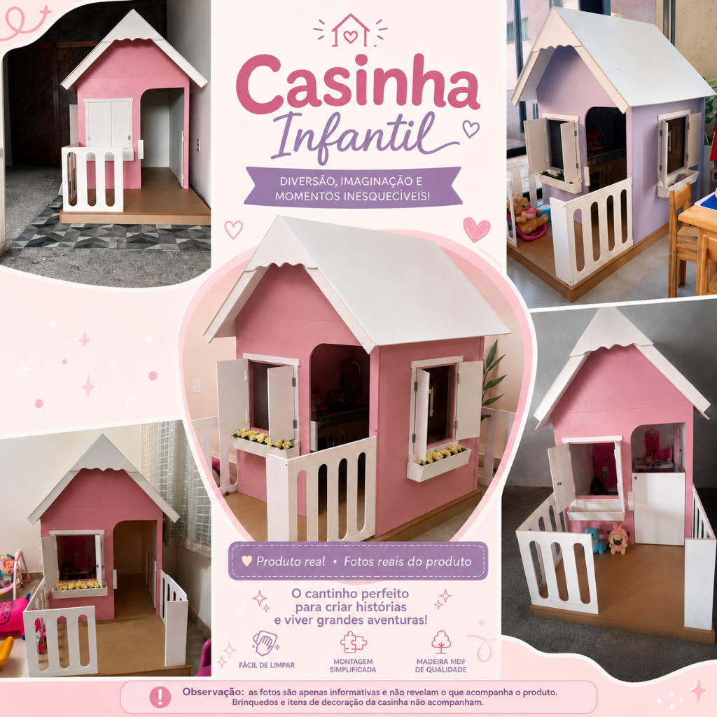 Casinha de Brinquedo Artesanal Janela Lateral Versátil com Cortinas MDF Rosa/Branco L12 - Gran Belo