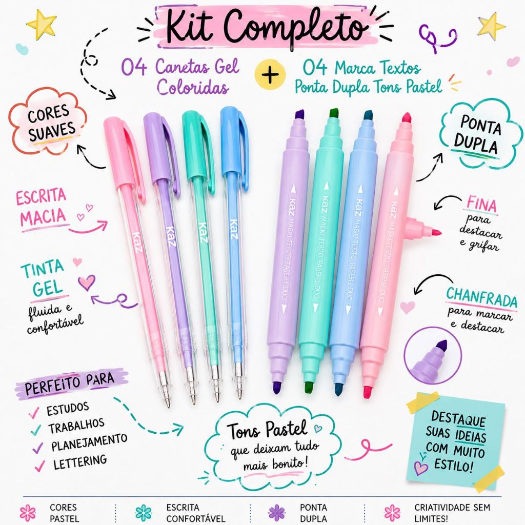 Kit 04 Caneta Gel Colorida + 04 Marca Texto Ponta Dupla Tons Pastel