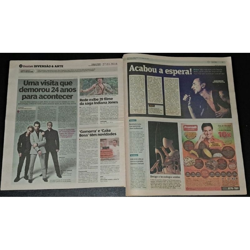 Depeche Mode Coleção de Páginas Lote 4 Folhas Jornais Destak e Metro SP 27 Março 2018 Raro Show Brasil Excelente Estado