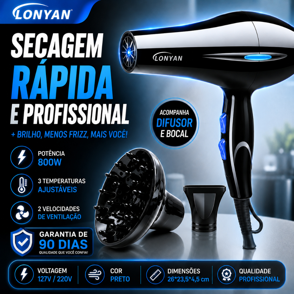 Secador de Cabelo Profissional com Difusor 220V 127V 110V 5 Níveis Ar quente e frio Turbo Rápido Secage Íons Negativo