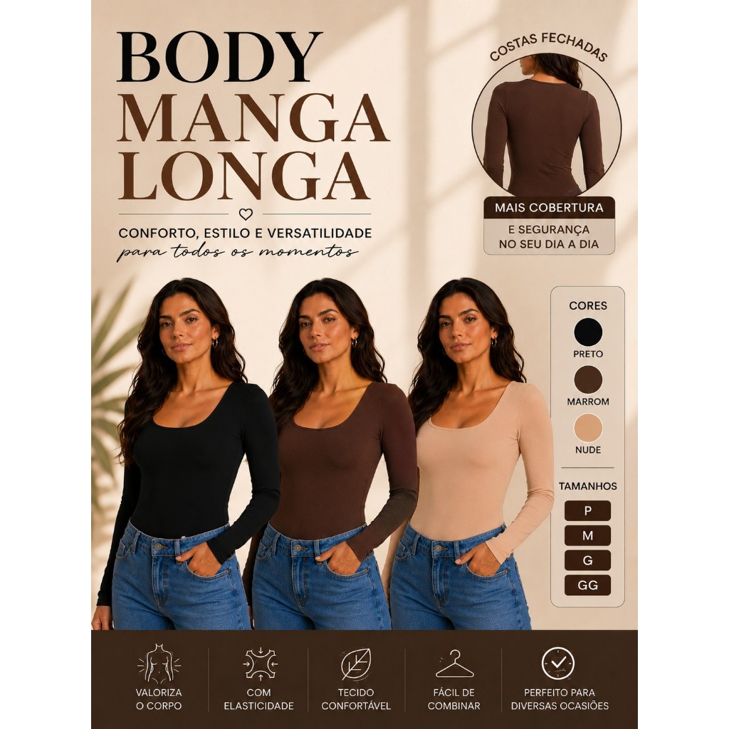 Body Feminino Decote Quadrado Manga Longa Collant Bori Suplex Com Forro Tendência Moda Blogueira Casual