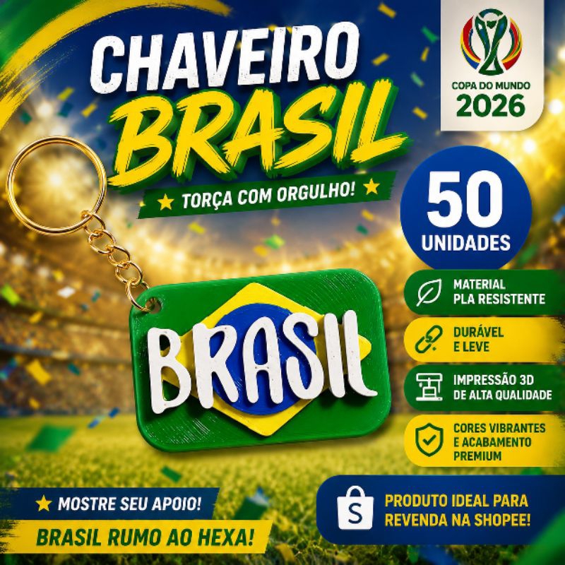 Kit 50 Chaveiros Brasil Copa do Mundo 2026 |PLA Resistente | Lembrancinha Torcedor Seleção Brasileira