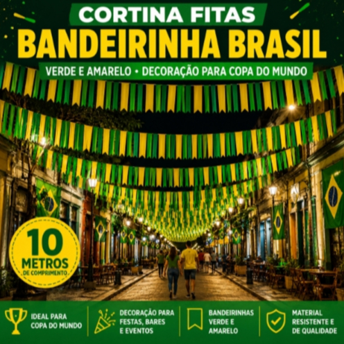 kit 10/20/30/50m Cortina Fitas bandeirinha Brasil Verde Amarela Copa Mundo Decoração Festa e Eventos