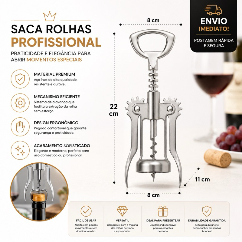 Abridor de Garrafa de Vinho em Metal Resistente Elegante e Prático Saca Rolha Vinho