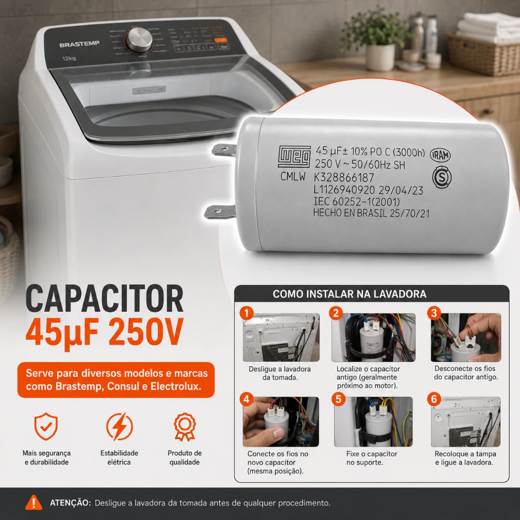 Capacitor 45uf 127v Para Todas Lavadora de roupas  Compativel com Brastemp Consul