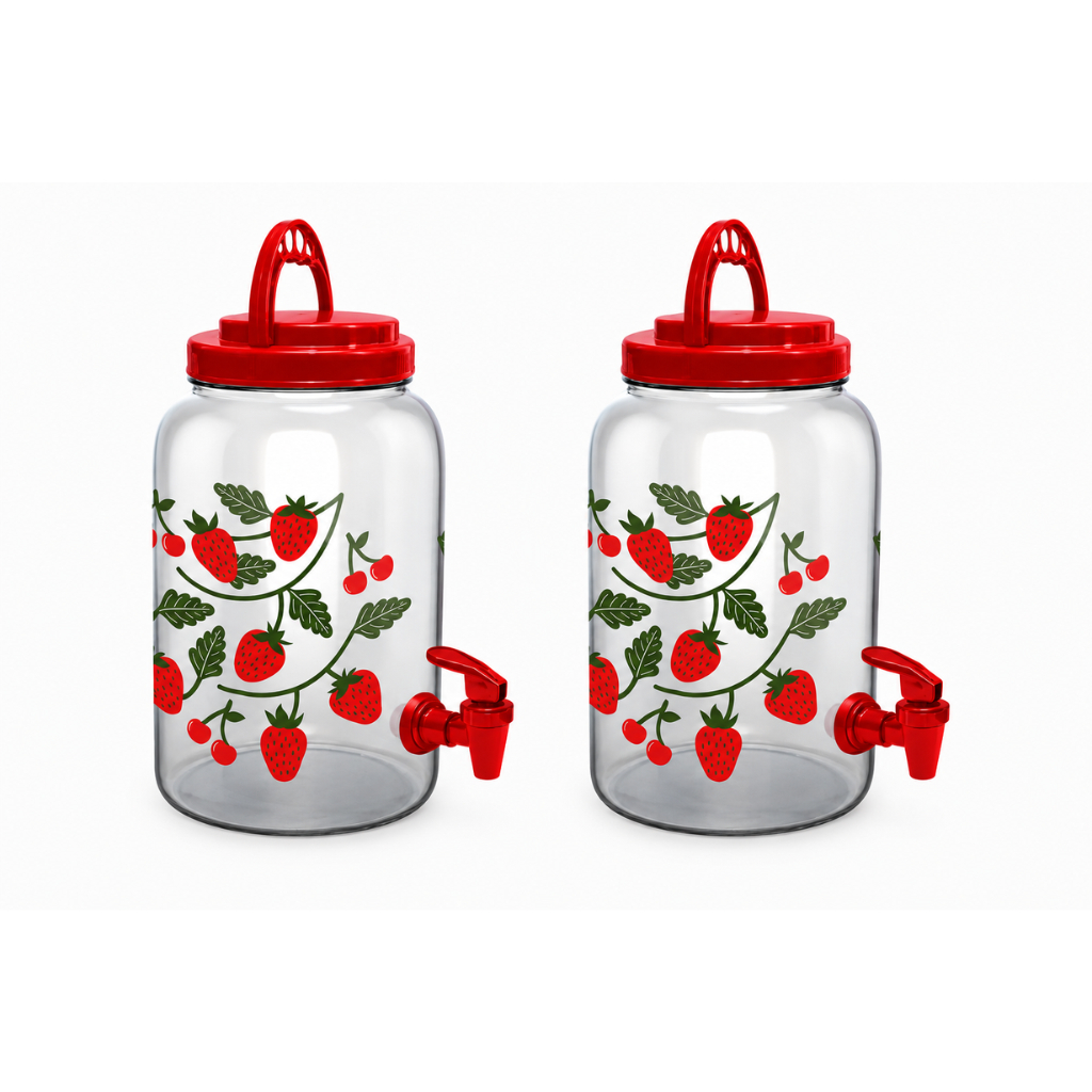 KIT 2 SUQUEIRA DECORADA MORANGO TAMPA  VERMELHA COM TAMPA E ALÇA 3,6 L
