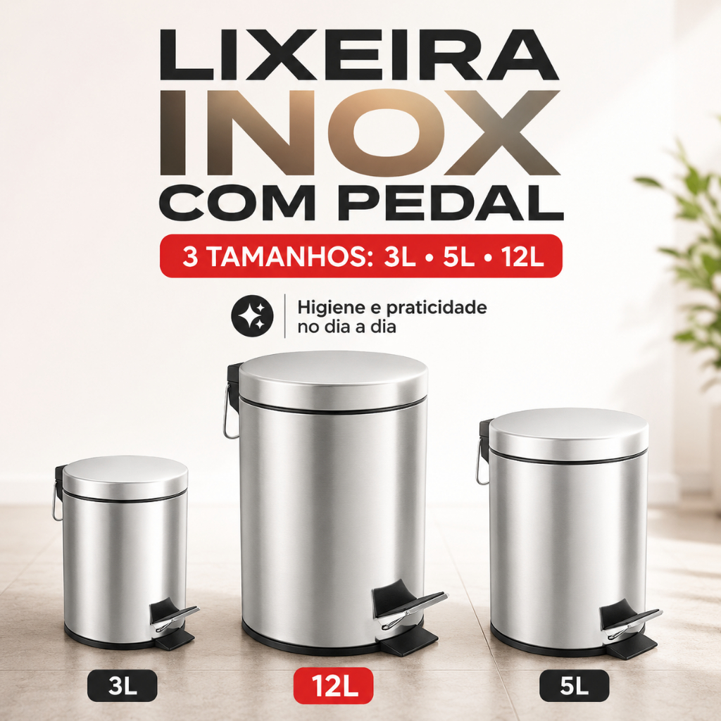 Lixeira Inox com Pedal Redonda 3L 5L 12L com Cesto Interno Banheiro Cozinha Escritório Lavabo