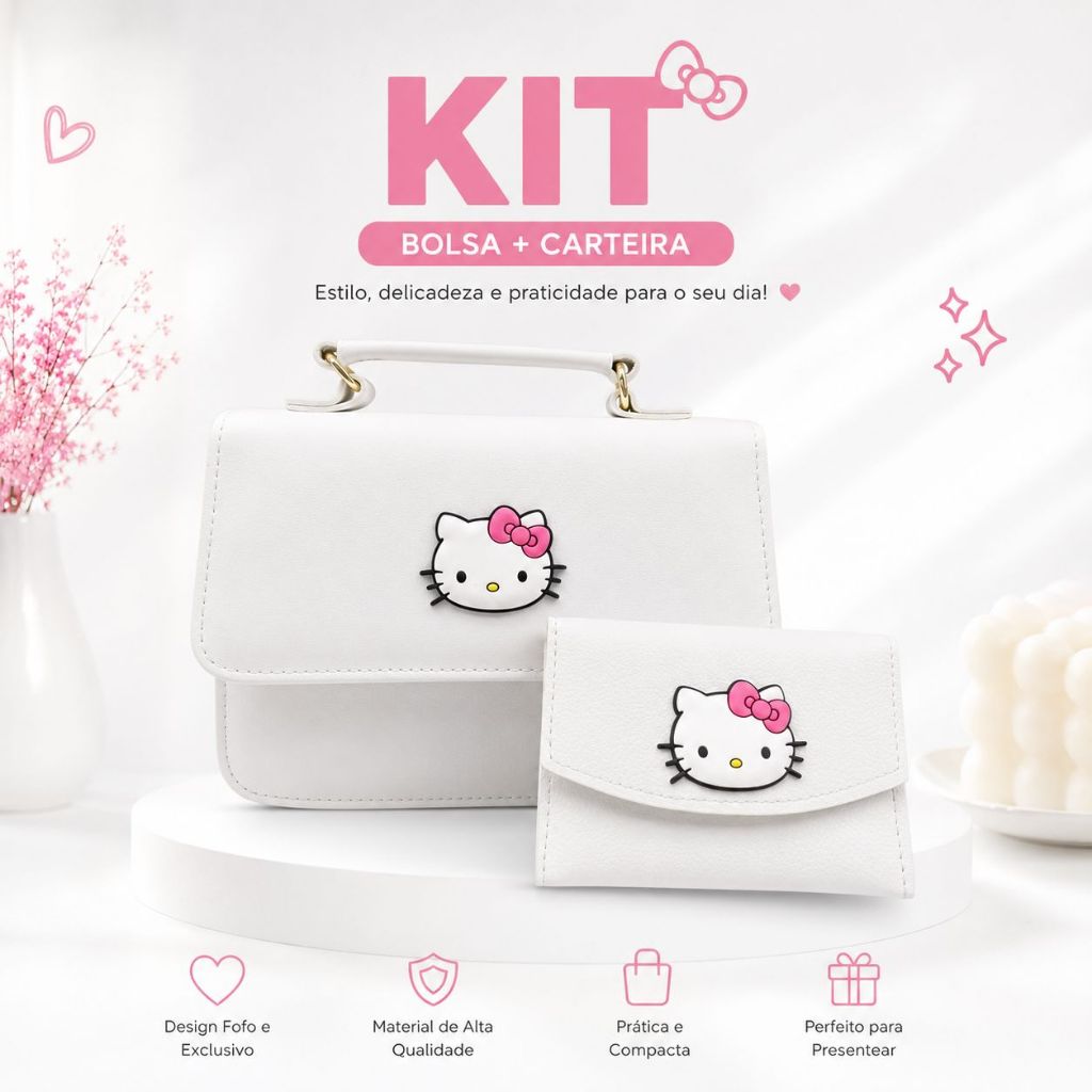 Bolsa Feminina Carteira Infantil kit Presente Hello Kitt