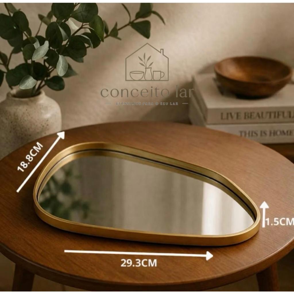 BANDEJA ORGÂNICA ESPELHADA DECORATIVA MULTIUSO BANHEIRO LAVABO SALA PRETO DOURADO