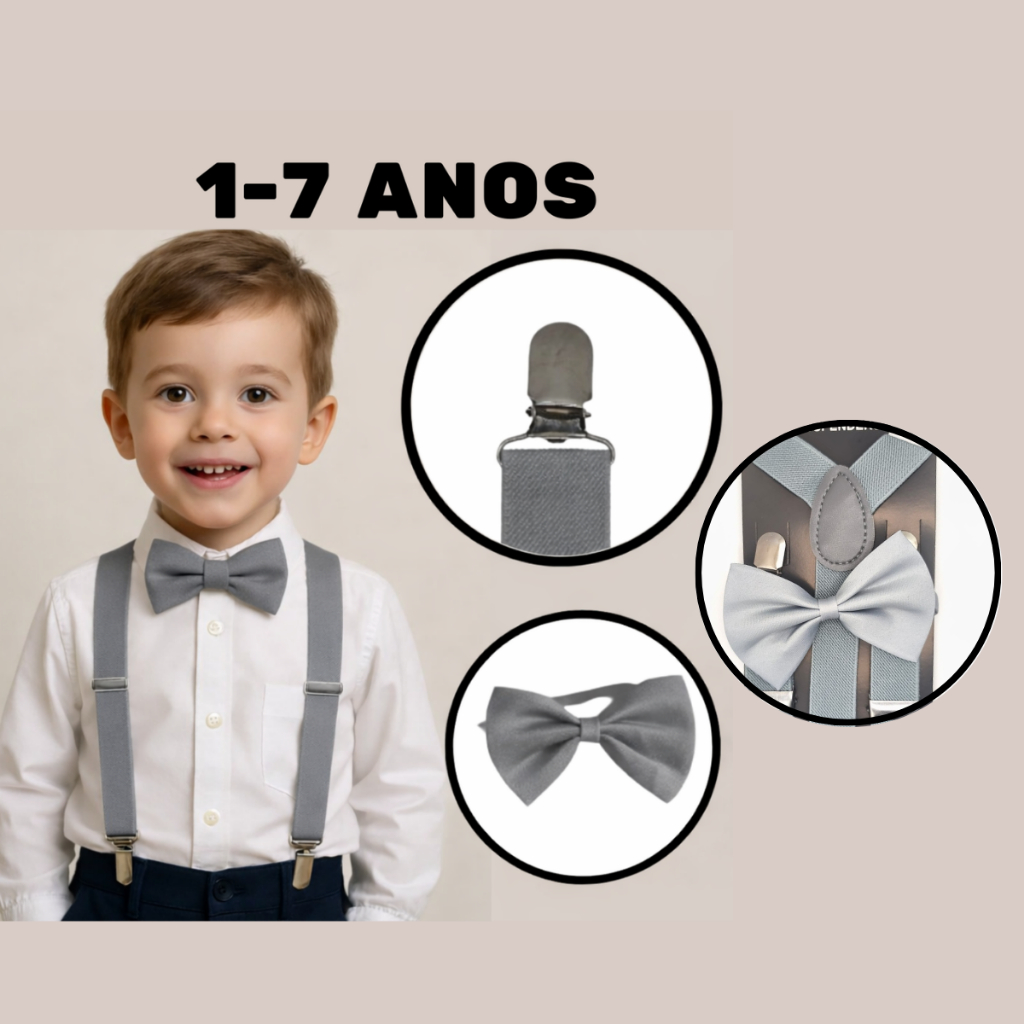 Kit Suspensório+Gravata Borboleta Ajustavel Social Kids Criança Para Festa Igreja Pajem Casamento