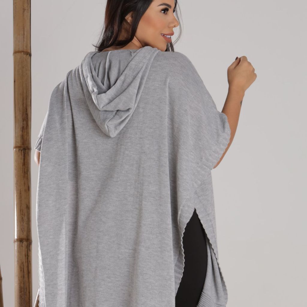 Sobretudo com Touca De Inverno Poncho Feminino Tricot Grosso