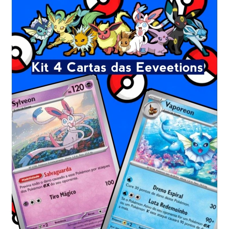 Kit 4 Cartas Eeveelutions Pokemon TCG Eevee Flareon Vaporeon Umbreon Sylveon Leafeon Espeon Jolteon