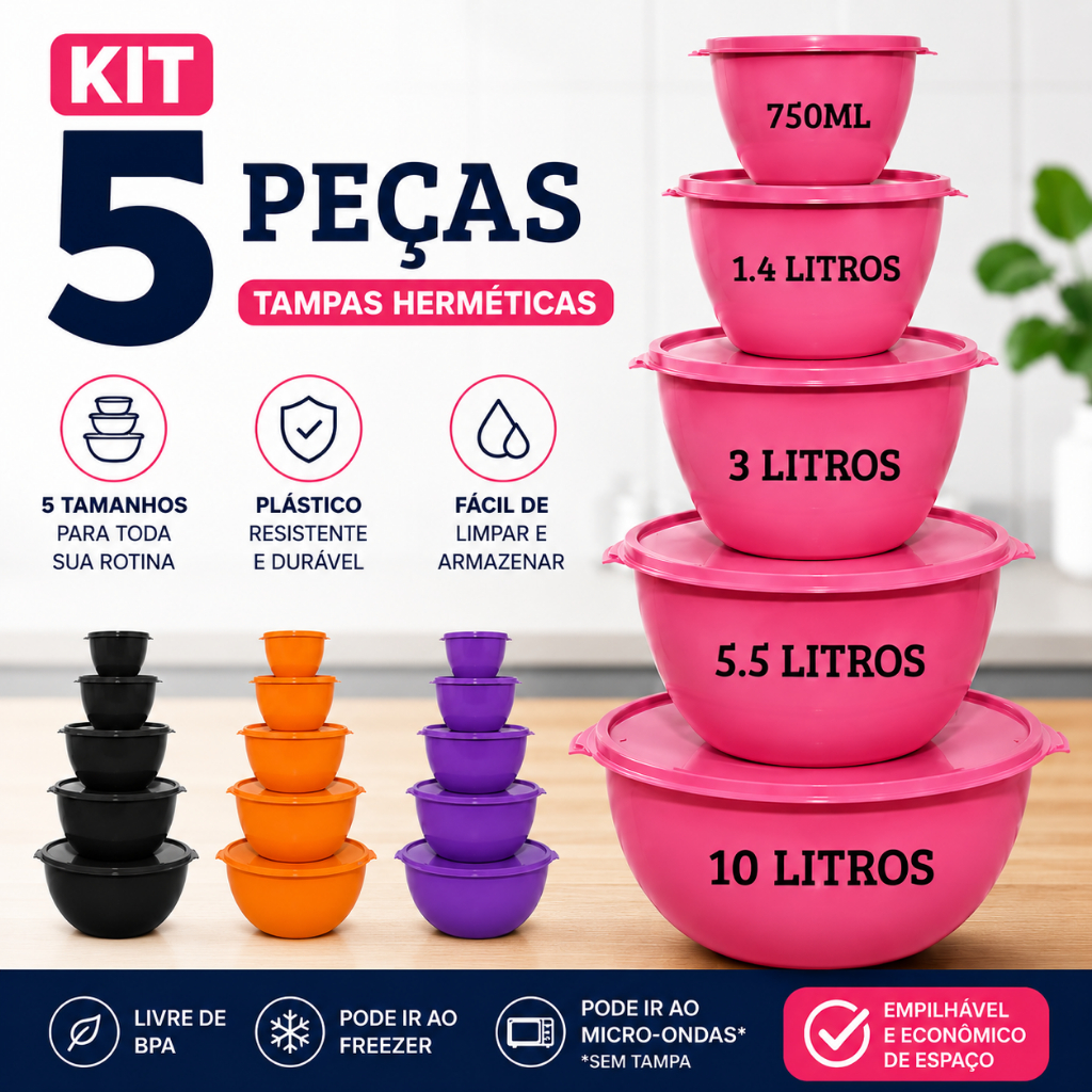 Kit 5 Potes Plásticos Saladeira 10L com Tampa Vedação Hermética Diversas Cores Kit Cozinha