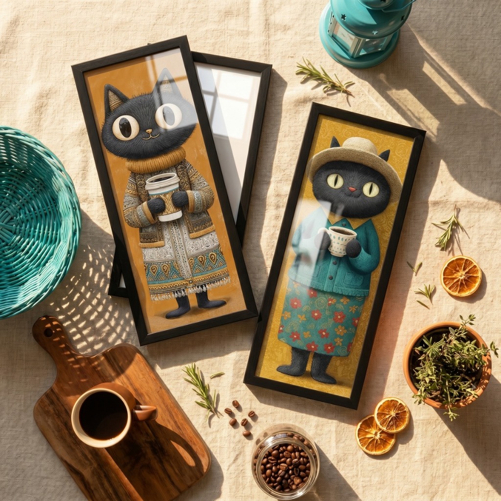 Kit Quadros 18x45 Gatos Tailandeses Café Cozinha Cantinho Café Decoração Oriental Asiático Díptico