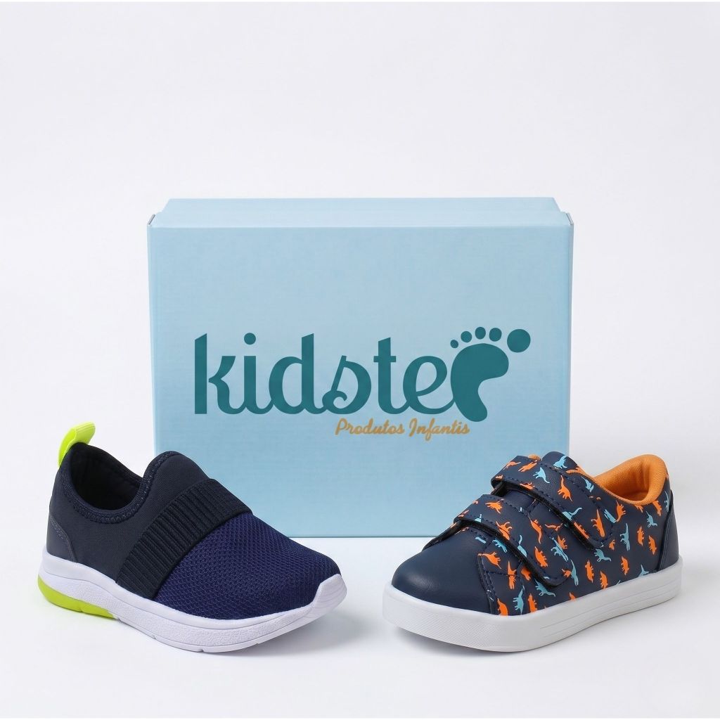 Kit 2 Pares de Tenis Infantil Masculino Dinossauro e Calce facil Preto Marinho