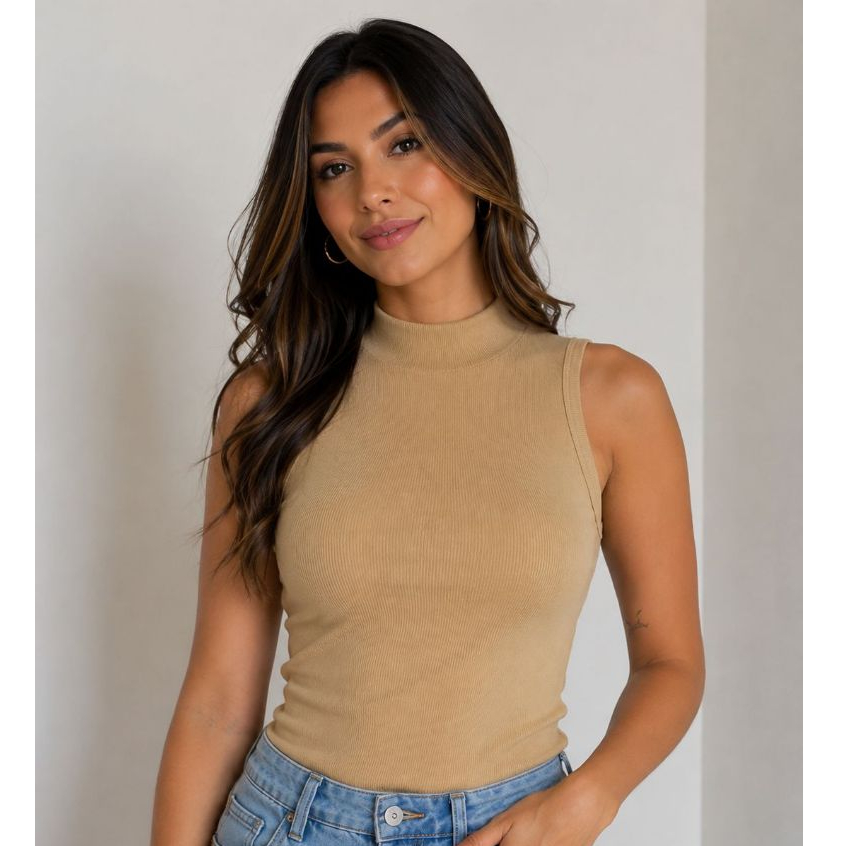 Blusa Camiseta Regata Feminina Gola Alta Canelada Casual e Elegante Estilosa