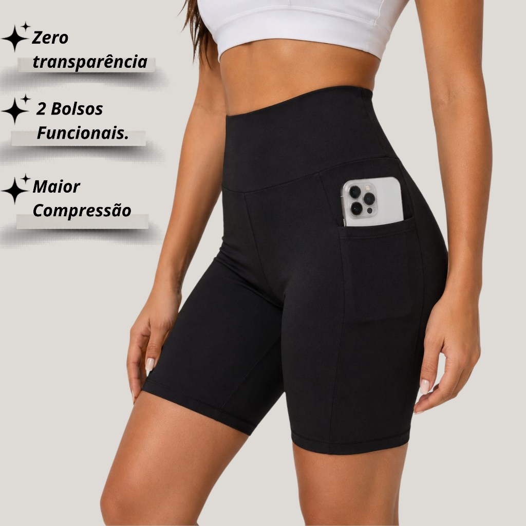 Short Fitness Feminino Suplex Power Cintura Alta Modelador Academia Treino Legging Curta Com Bolso