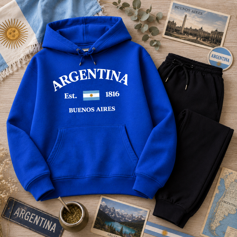 Conjunto Moletom Infantil Argentina Buenos Aires Canguru Flanelado Azul Royal Tendência