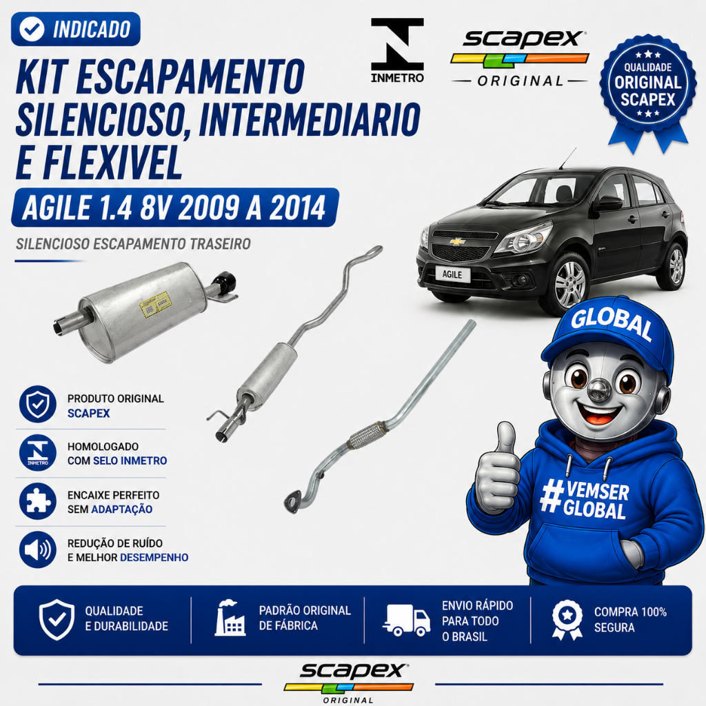 Kit Escapamento Silencioso, Intermediario e Flexivel Agile 1.4 8v 2009 a 2014
