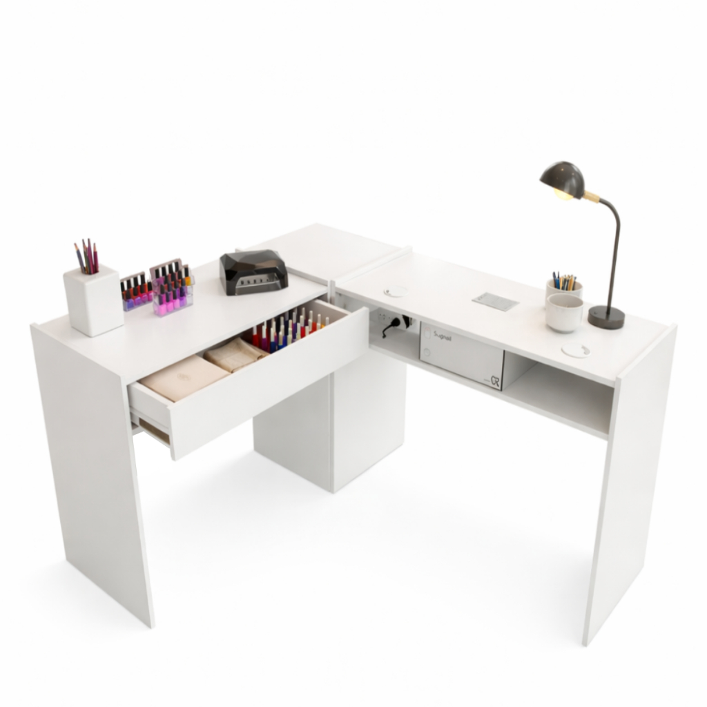 Mesa Manicure Em L Grande Completa Com Sugador De Pó Inbutido Em MDF Branco Para Salão Spa Unhas Gel