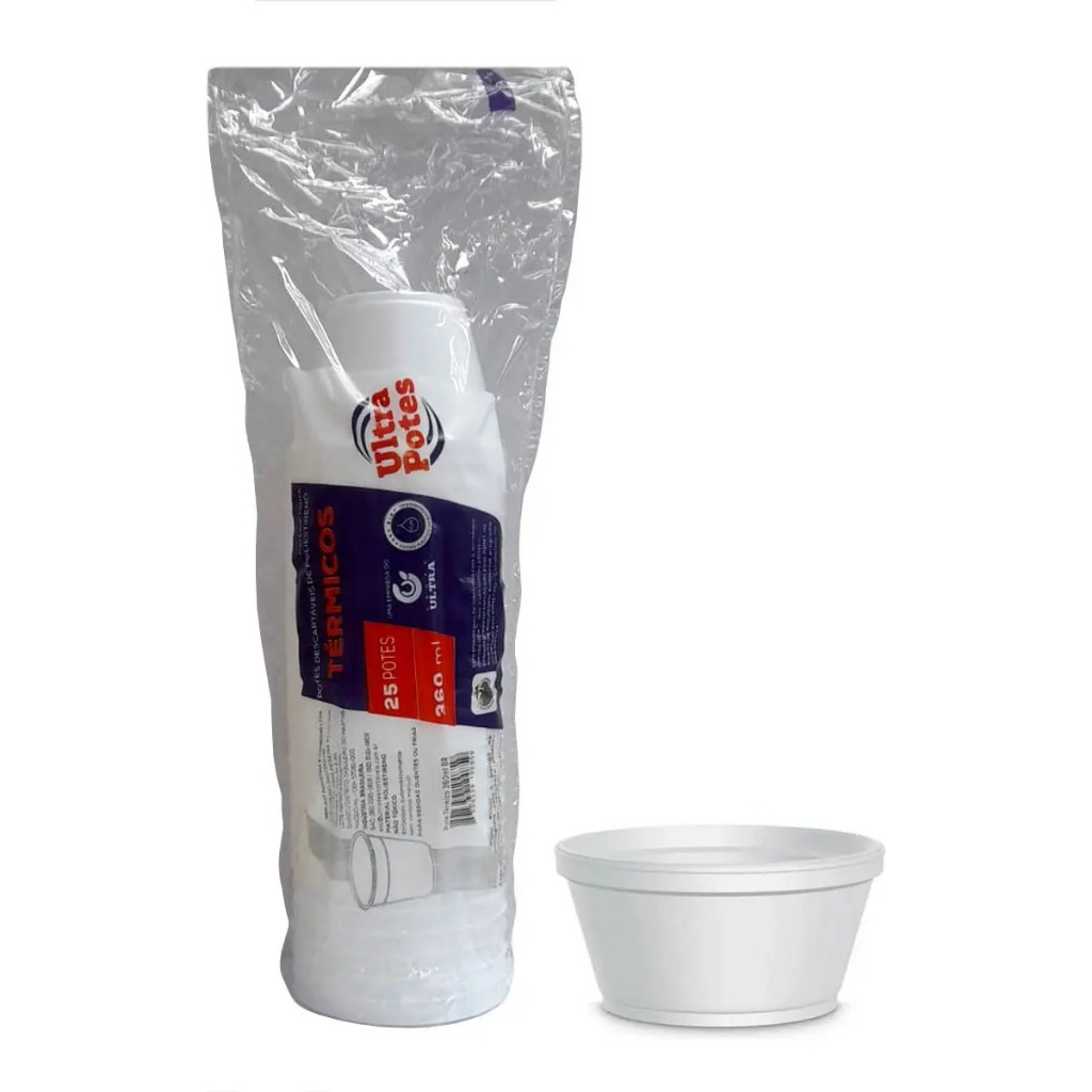 Kit Pote Descartável Isopor - 240 Ml - Com  Tampa De  Isopor  C/25- Ultra