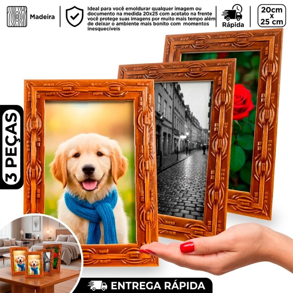 Kit Porta Retrato 20x25 - 3 peças Apoio Decorativo Moldura de Madeira Imbuia Magno Ingles Marrom