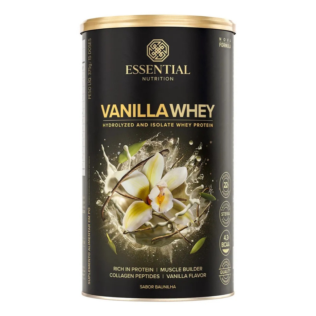 Suplemento Vanilla Whey Protein Essential Nutrition 375g. Proteina Sabor Baunilha. Suplementação proteica