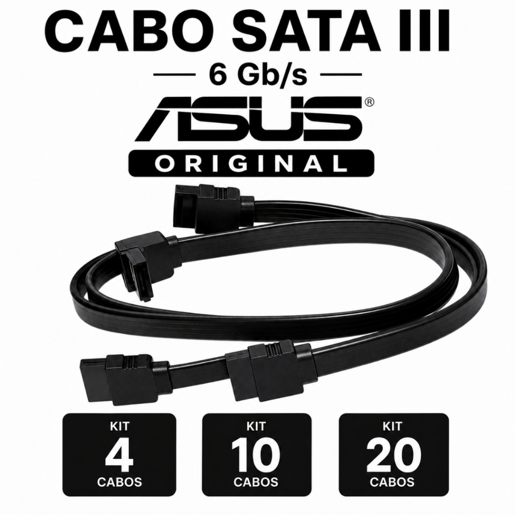 Kit 4, 10 e 20 Cabos SATA III 6 Gb/s ASUS Original Conectores Reto + 90° para HD/SSD Preto