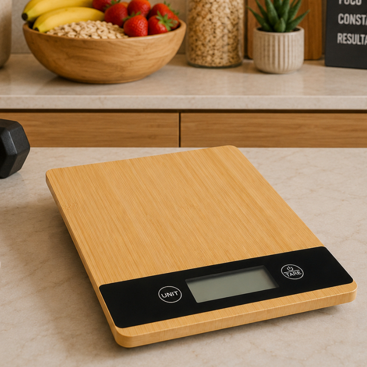 Balança De Cozinha Bambu Digital Alta Precisão Coração 5KG Dieta Confeitaria Fitness