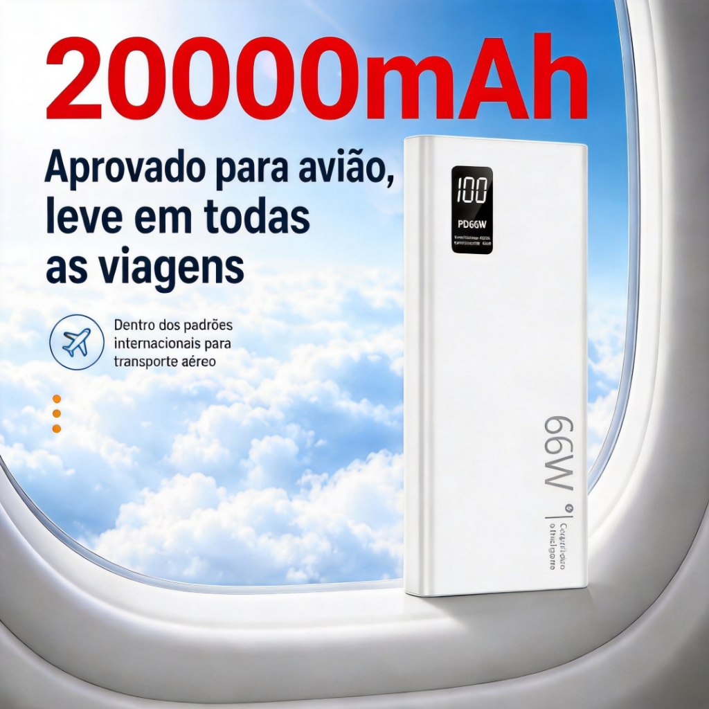 Carregador Portátil 20000mAh 66W com 4 Cabos - Bateria Externa Rápida